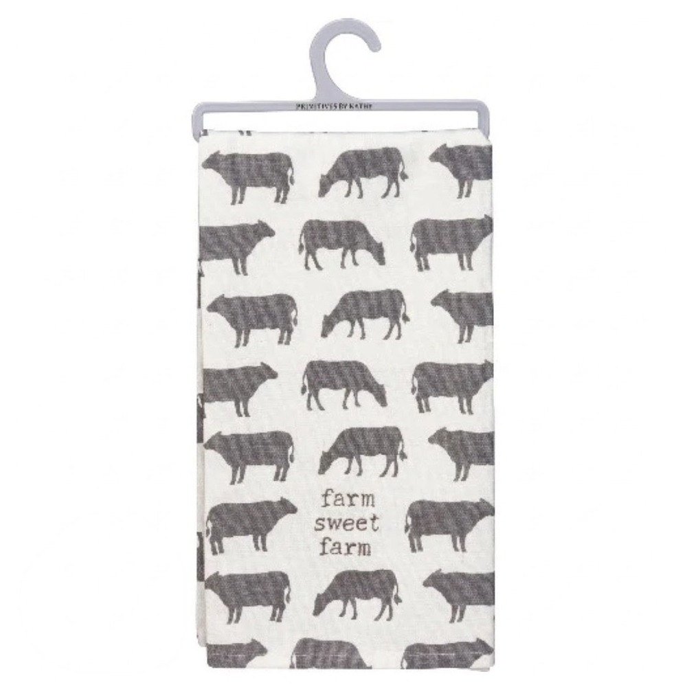 Primitives by Kathy Farm Sweet Farm Cow Print Cotton Dish Towel Gray White